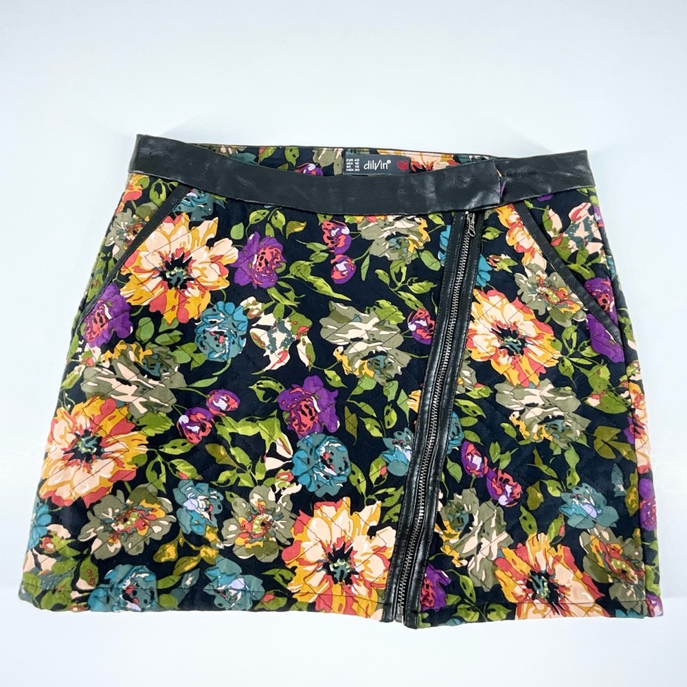 Dilvin Womens Front Zip Quilted Black Multicolor Floral Mini Skirt |‎ US Size 16